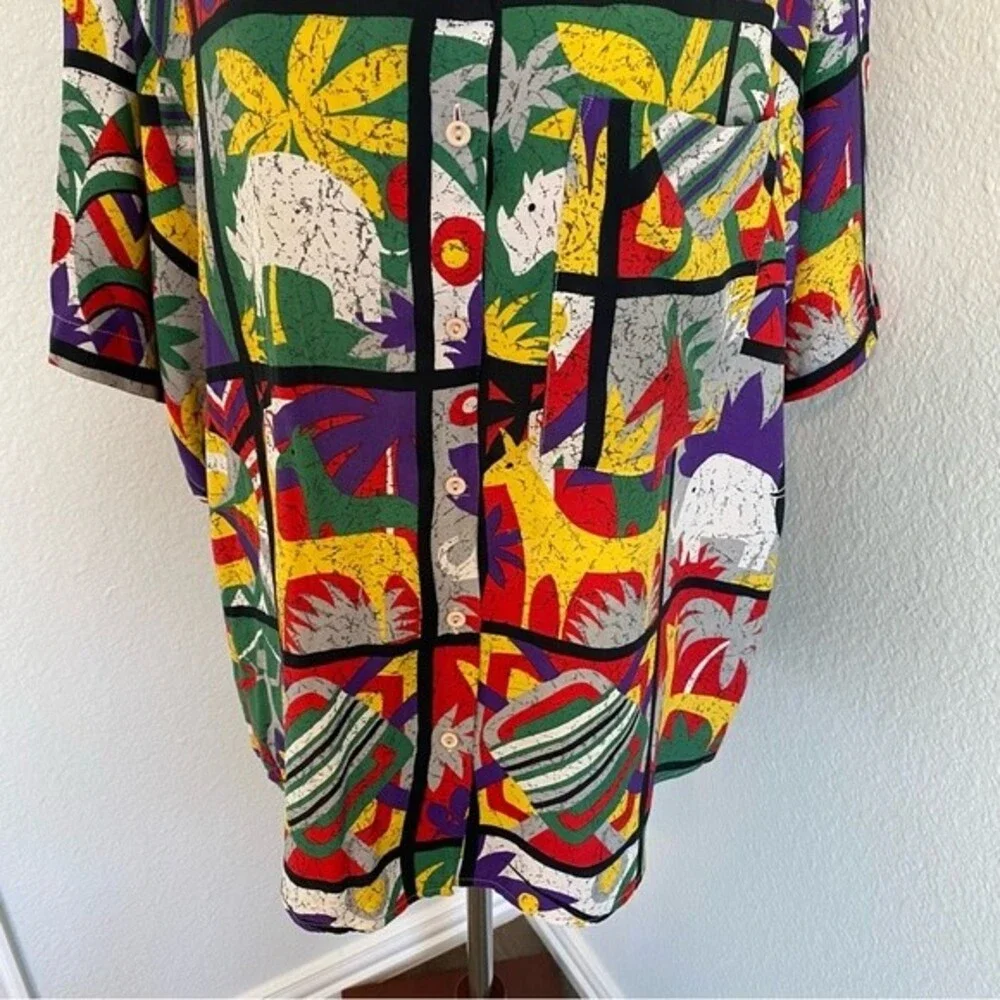 Vintage Bellows Brut Le Garage France Red Blue Vibrant Color Tropical Top SZ L